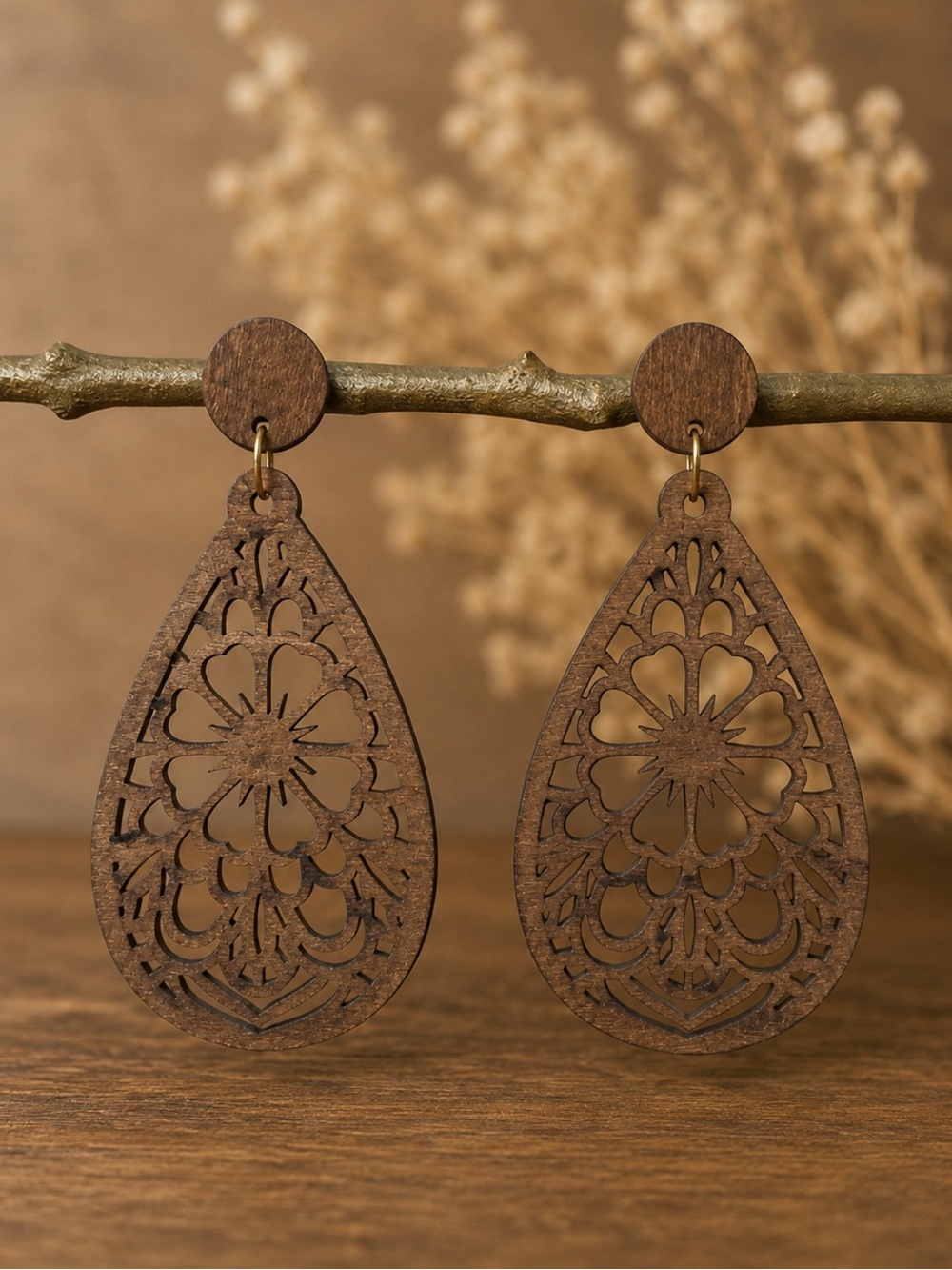 Wooden Filigree Teardrop Earrings - Brown